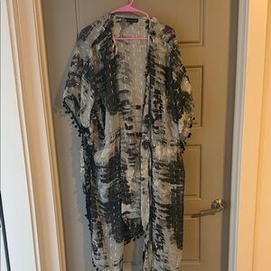 Black & Gray Sheer Swim Coverup Kimono with Pom Trim